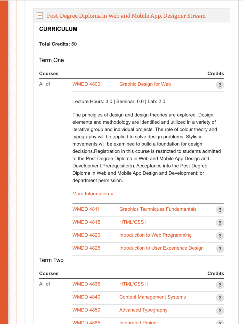Image of the original curriculum list